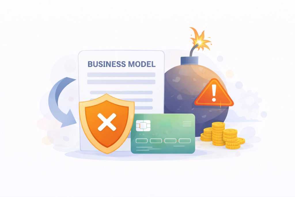 Illustration of a risky business model with a warning symbol, credit card, shield, and bomb icon representing chargeback risk in prop trading firms.