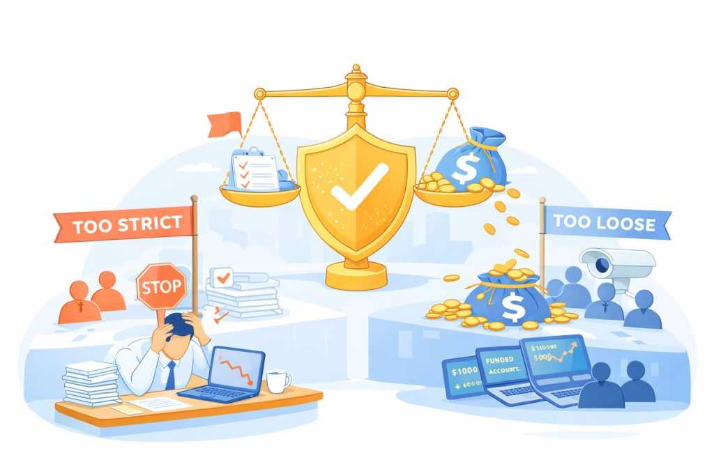 Illustration showing balanced risk management with a scale between “too strict” and “too loose” approaches, highlighting the importance of finding the right control to sustain a prop trading firm.