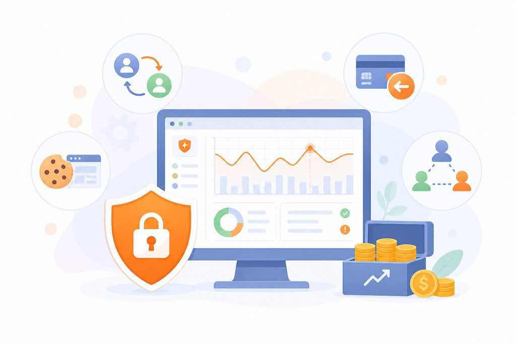 Illustration of a fraud protection dashboard with analytics, featuring charts on a monitor, a shield with a lock, and icons representing users, transactions, and security.
