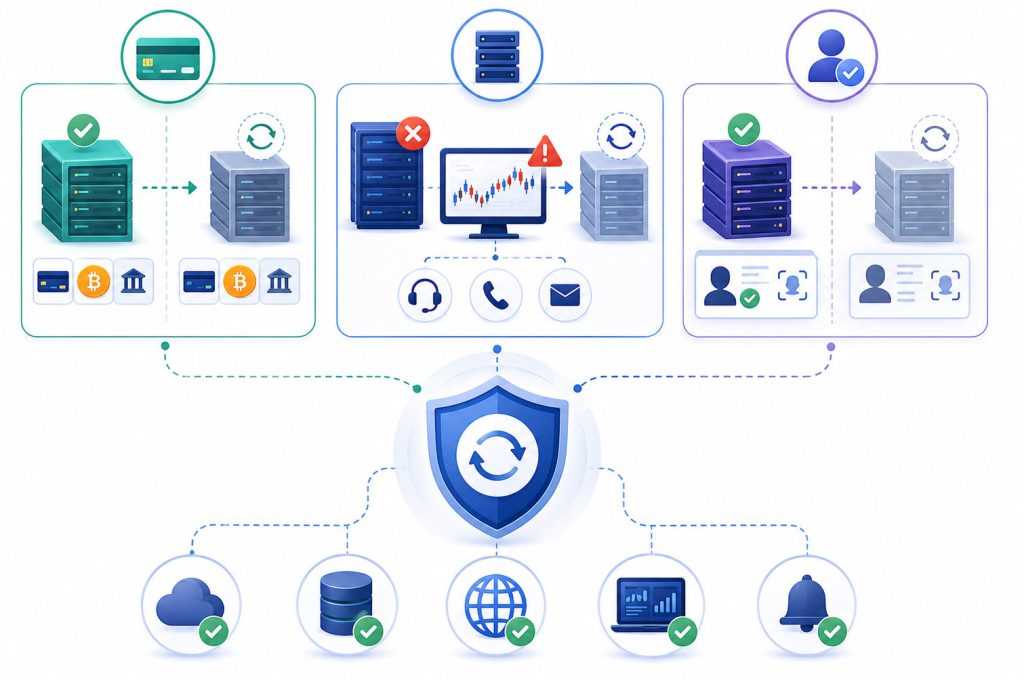 Illustration of disaster recovery planning for forex brokerages, showing backup payment providers, CRM redundancy, MT4/MT5 failover strategies, server monitoring, KYC verification systems, and multi-service infrastructure protection.