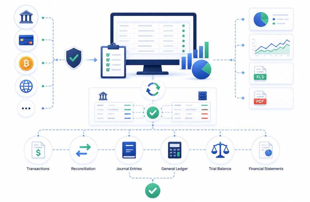 Infographic of payout reconciliation and accounting with a daily checklist, showing CRM and payment provider matching, discrepancy analysis, and financial reporting workflow.