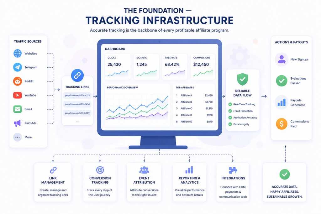 Infographic of an affiliate tracking infrastructure showing traffic sources, tracking links, a dashboard with clicks, signups, and commissions, performance analytics, attribution, payouts, and integrations.