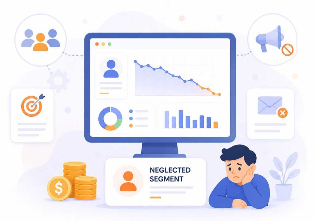 Illustration of a Forex CRM dashboard showing declining trader activity, a neglected client segment, missed communications, and lost revenue indicators.