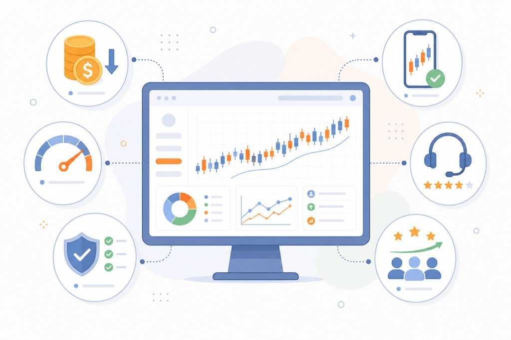 Illustration of a modern trading dashboard with a price chart on a monitor, surrounded by icon panels representing finance, analytics, security, customer support, and users.