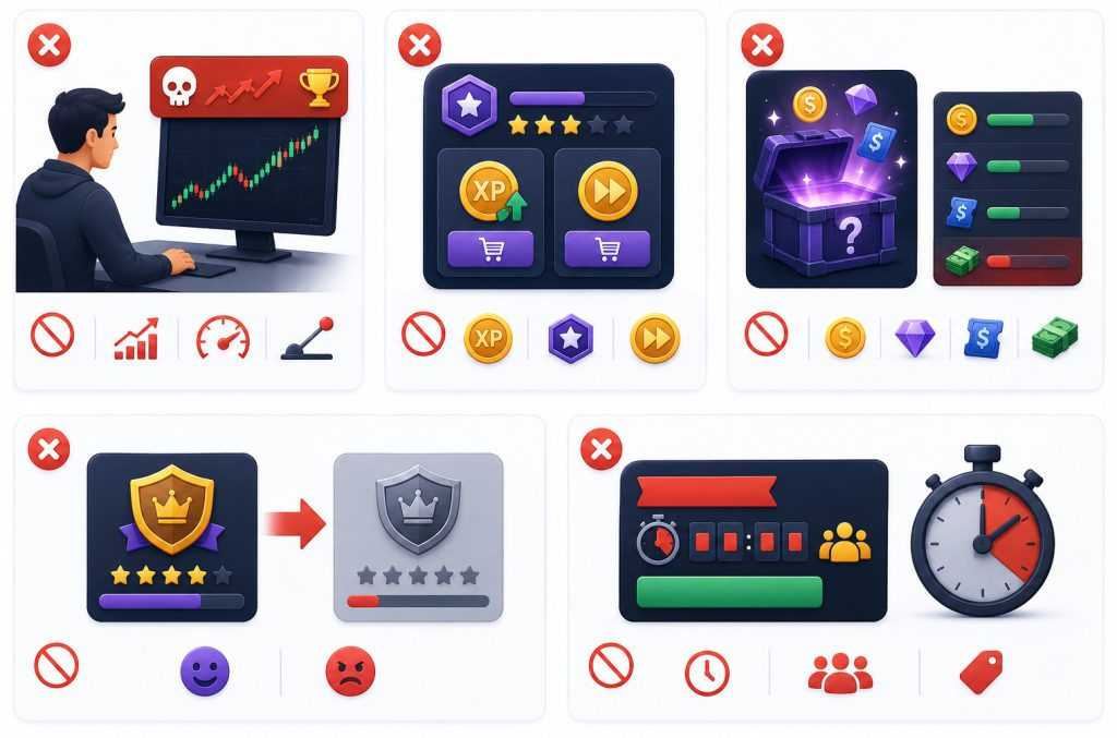 Infographic showing what not to gamify in trading, including risky incentives, pay-to-progress mechanics, loot boxes, punitive systems, and artificial urgency that can harm user experience.
