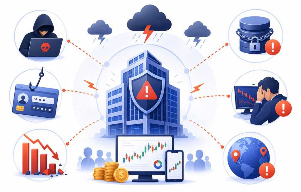 Illustration of a vulnerable forex brokerage infrastructure with cybersecurity threats, payment failures, platform outages, CRM disruptions, trading losses, and global operational risks affecting MT4, MT5, cTrader, and DXtrade systems.