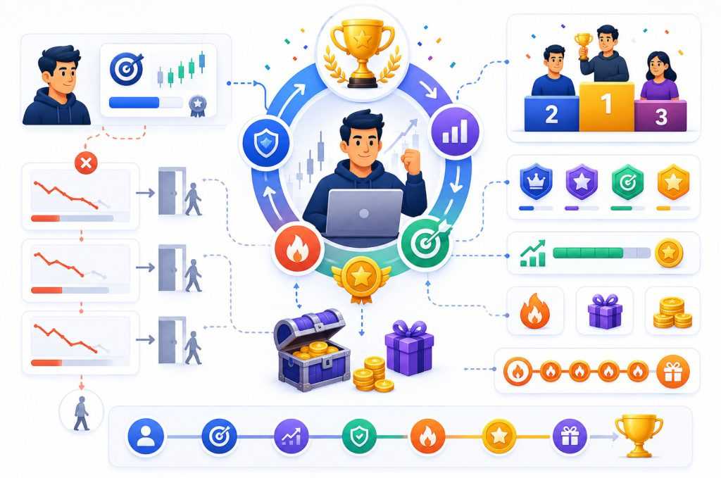 Infographic illustrating gamification in prop trading, featuring a trader at the center with progress systems, rewards, levels, and achievements that drive engagement and retention.