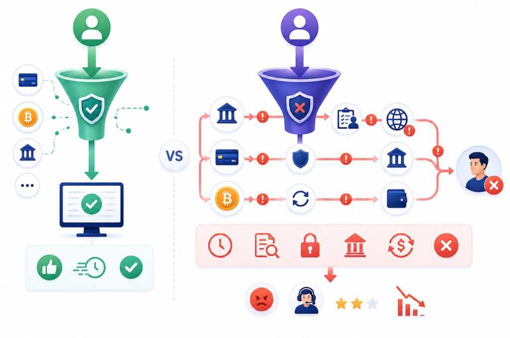 Infographic comparing deposits and withdrawals, showing a simple deposit flow versus a complex withdrawal process with multiple checks such as KYC verification, balance validation, security, and compliance.