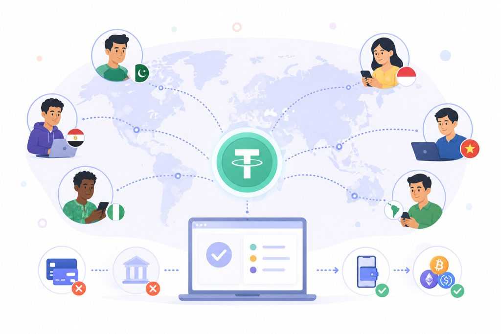 Global crypto payment network for prop firms and forex brokers, illustrating traders from multiple countries making deposits through USDT and USDC, bypassing traditional banking limitations and card payment restrictions, with secure onboarding, verification, and cross-border funding infrastructure.