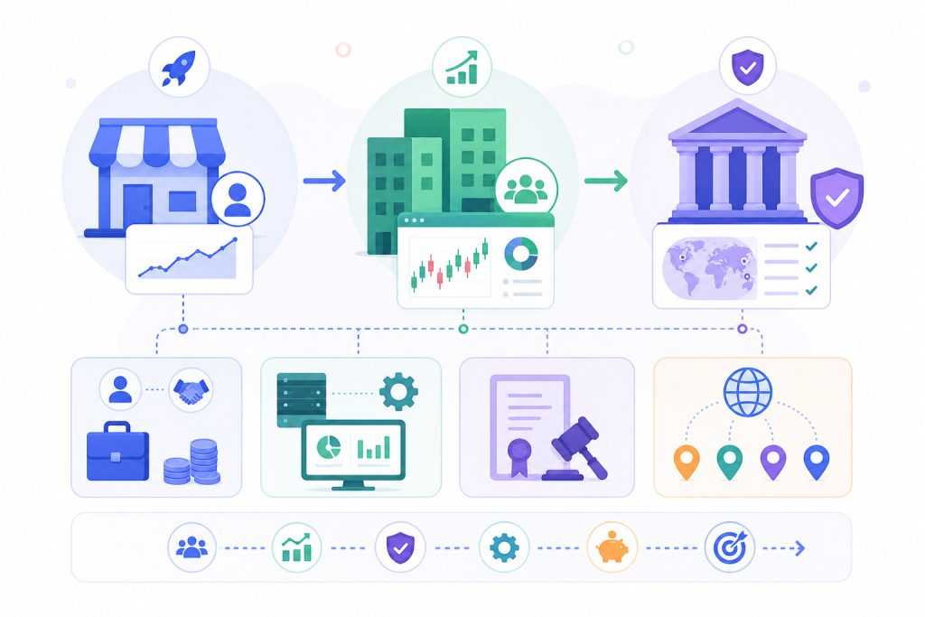 Forex brokerage growth path from introducing broker (IB) and grey label models to full white label operations and licensed brokerage status, illustrating business scaling, infrastructure expansion, compliance, client growth, CRM systems, and regulatory progression.