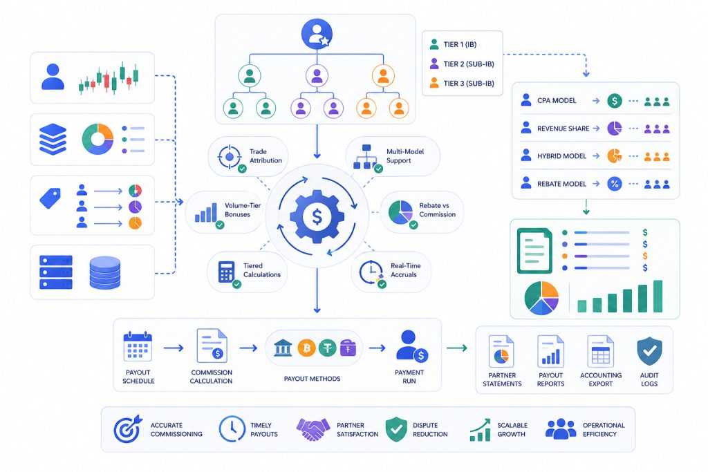 IB commission automation workflow for forex brokers, showing multi-tier affiliate structures, trade attribution, rebate calculations, revenue share models, automated payouts, partner reporting, and real-time commission management.