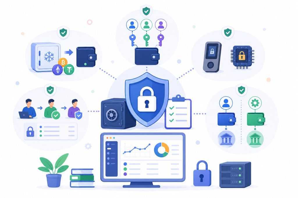 Crypto payout security infrastructure for forex brokers and prop firms, showing secure wallet management, cold storage, multi-signature authorization, customer fund segregation, access controls, transaction monitoring, reconciliation systems, and protected digital asset operations.