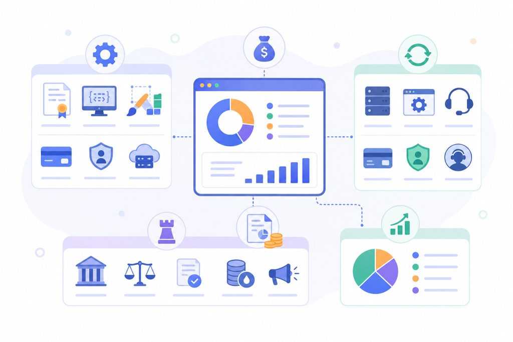 Forex broker white label infrastructure and cost structure diagram showing platform licensing, CRM deployment, PSP and KYC integrations, hosting, compliance, support services, operational expenses, and business management systems required to launch and operate a brokerage.