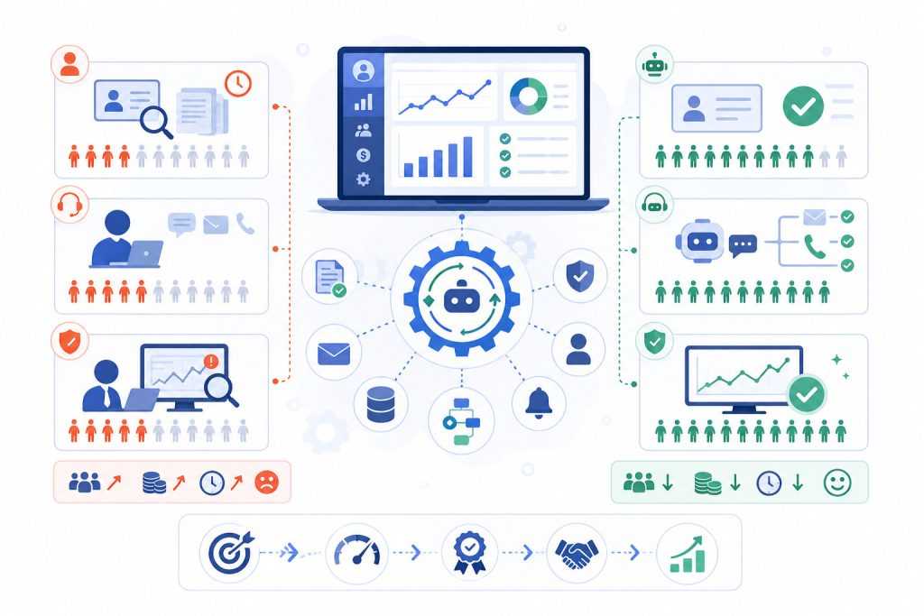 Forex CRM automation dashboard illustrating automated lead management, KYC verification, client onboarding, communication workflows, compliance monitoring, and performance tracking for brokerage operations.