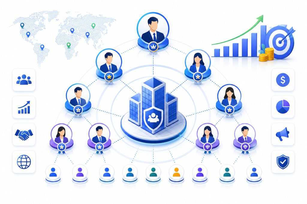 Forex Introducing Broker (IB) network diagram showing multi-level affiliate relationships, partner referrals, client acquisition channels, commission structures, and global IB growth strategy for brokerages.