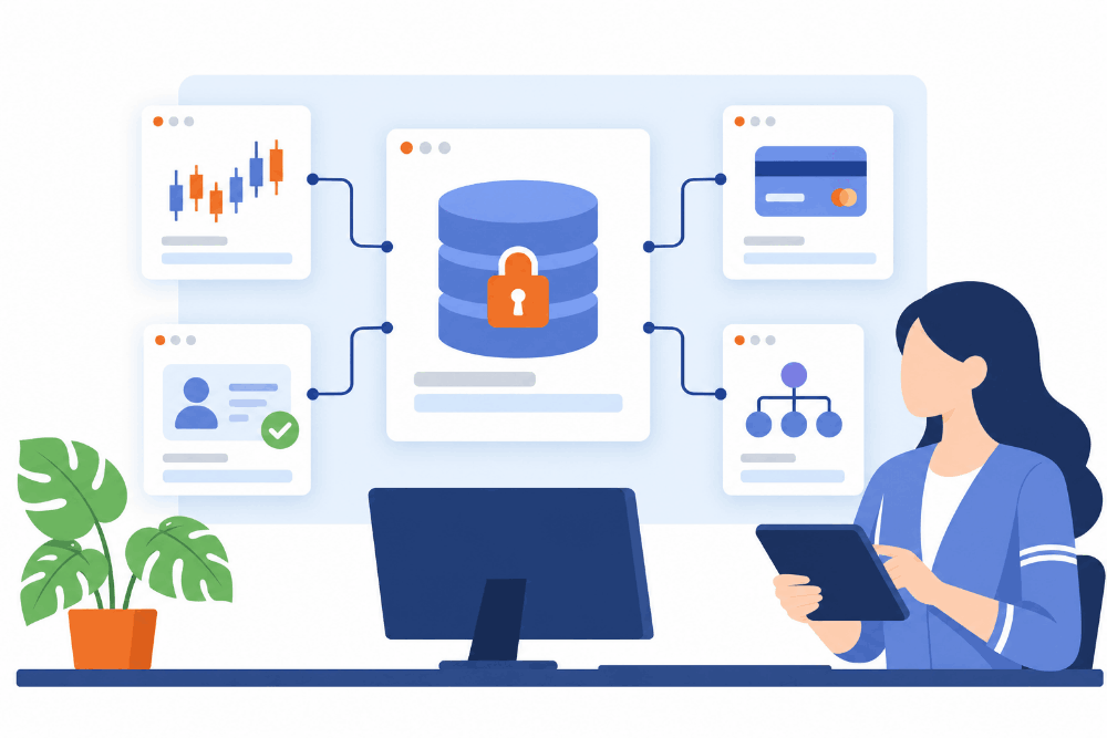 AI data access layer connecting the forex CRM, trading platforms, PSPs and KYC through a governed semantic map