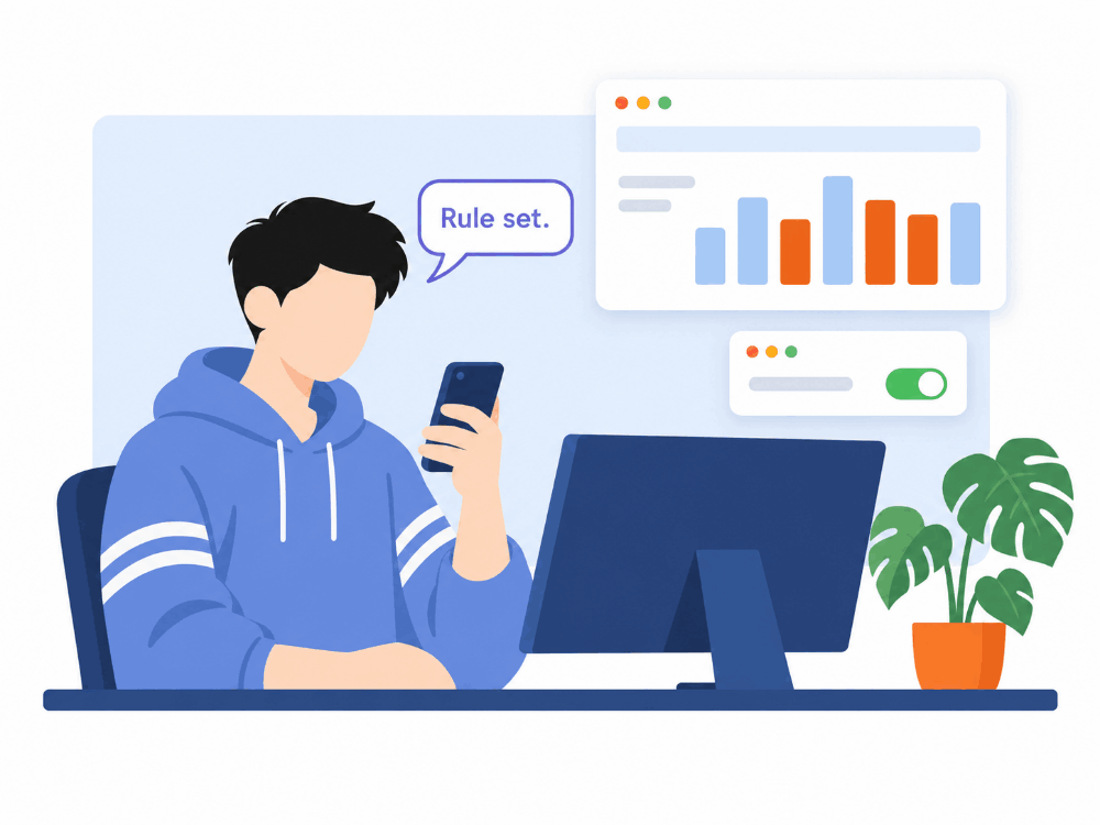Trader reviewing AI trading history analysis and setting an automated risk rule