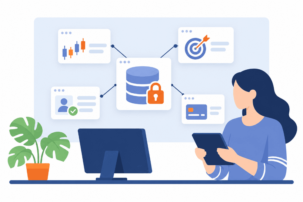 AI data access layer connecting the prop firm CRM, trading platforms, challenge rules, KYC and payouts through a governed semantic map