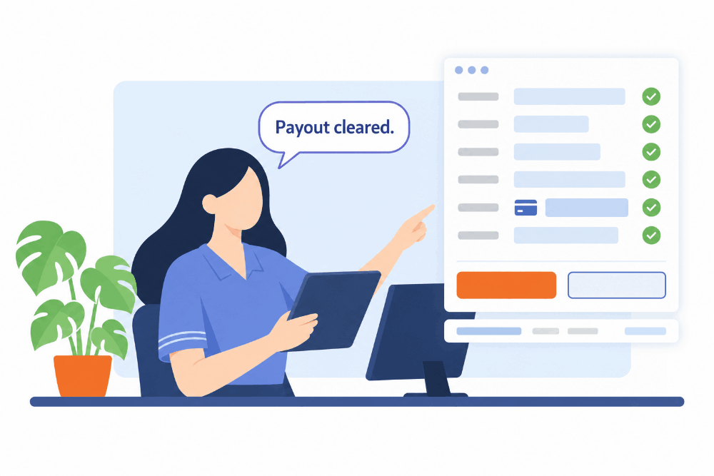 Human-in-the-middle approval card for an AI-pre-checked payout in the prop firm CRM